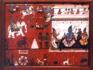 Yama's Court and Hell. The Blue figure is Yama with his consort Yami and Chitragupta. A 17th-century painting from the Government Museum in Chennai.