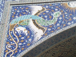Simurgh or Phoenix decorative motif outside of Nadir Divan-Beghi madrasah, Bukhara, Uzbekistan