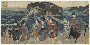 Three women on a shore on Enoshima, a Utagawa Sadatora yukiyo-e painting