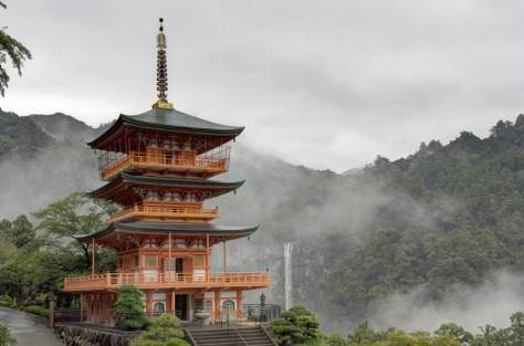 While the Seiganto-ji Temple pagoda stands like a work of art against its mountain backdrop riven by the waterfall. | ALON ADIKA