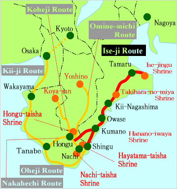 Map of Kii Peninsula. Source. Higashi-Kishu IT Community, 'The variety of Kumano Kodo,' in Kumano Kodo "Ise-ji route": What is Kumano Kodo, 2004, online: http://www.kumadoco.net/kodo_eng/about/index.html#no3
